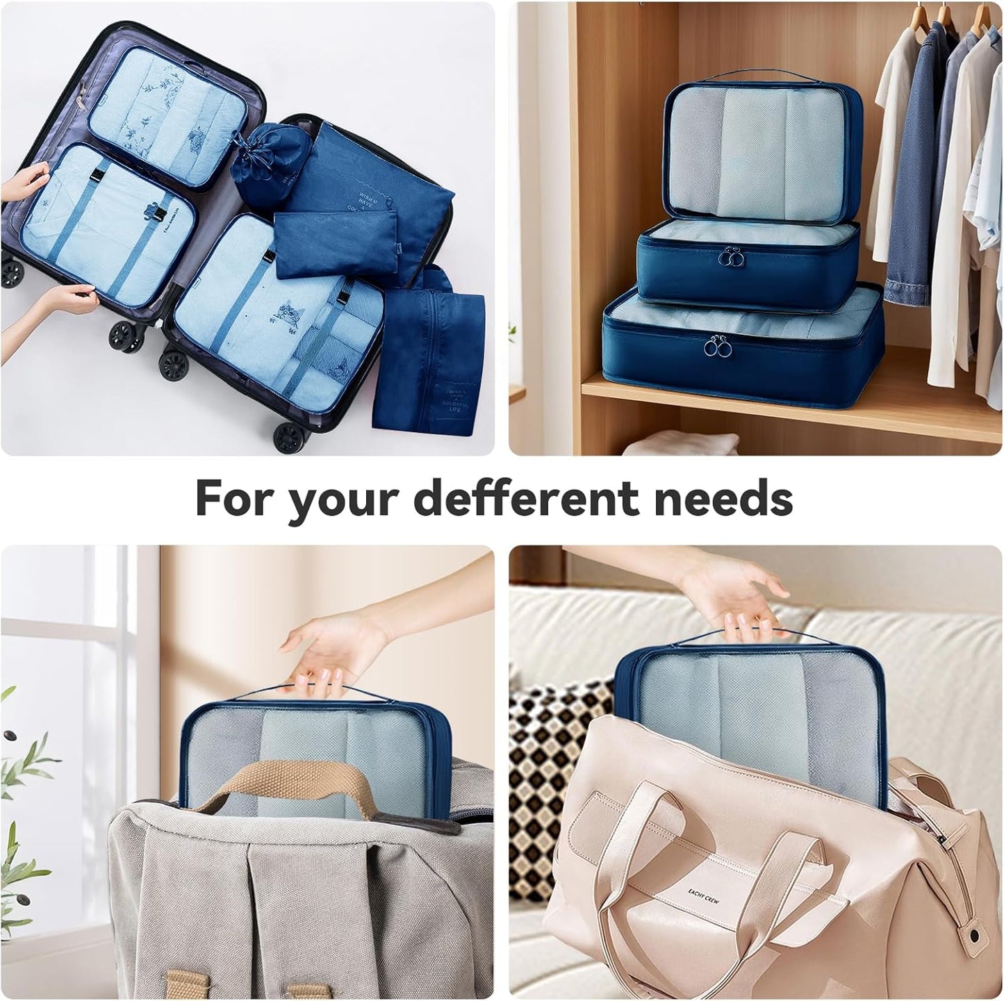 AnyZip Luggage Sets 10 Piece Hardshell Suitcase Set PC ABS Lightweight Travel Suitcases with 4 Double Spinner Wheels TSA Lock 20 24 28 Inch with 7 Storage Bags Dark Blue