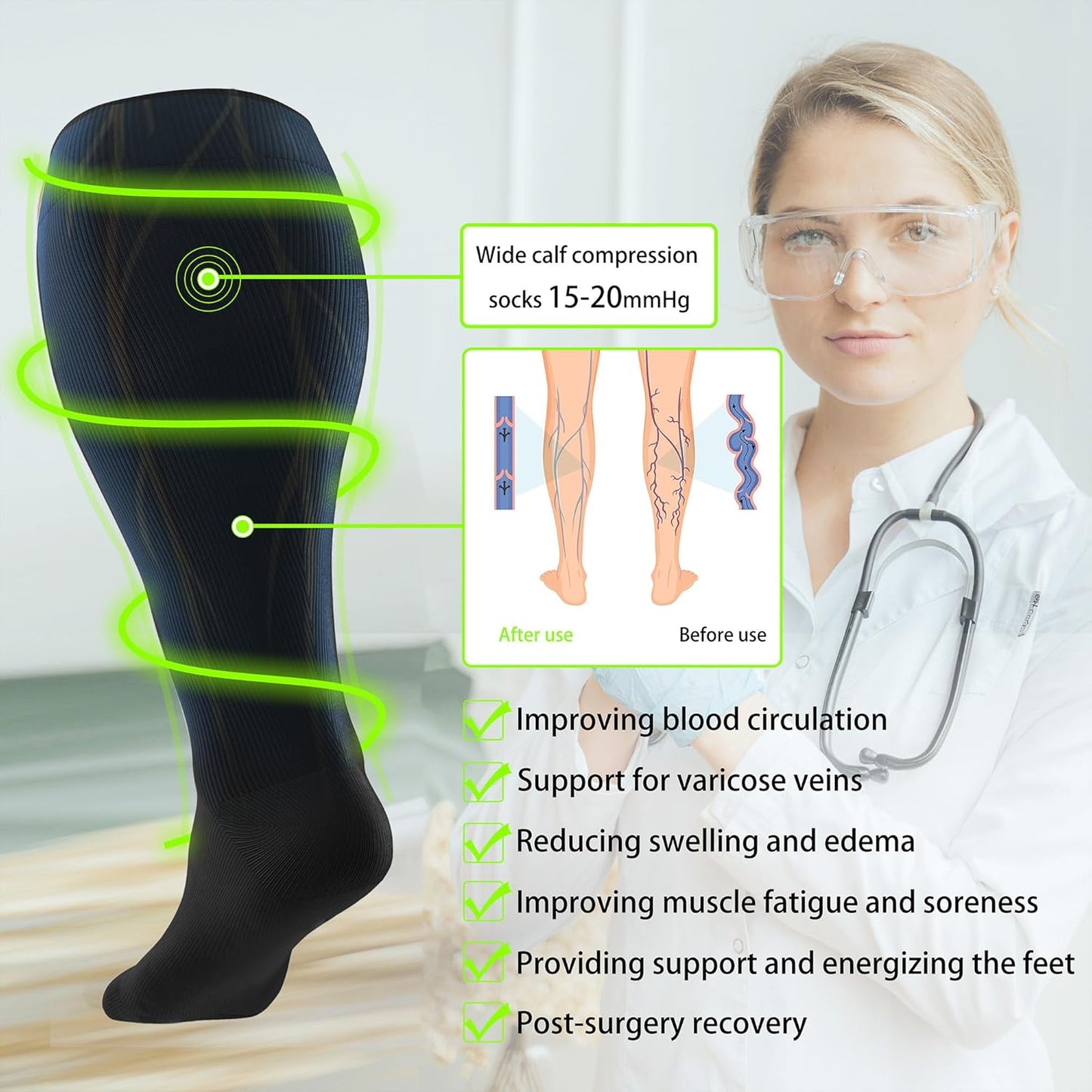 LEVSOX Wide Calf Compression Socks for Women&Men Plus Size 15-20mmHg Knee High Large Support Stockings for Circulation