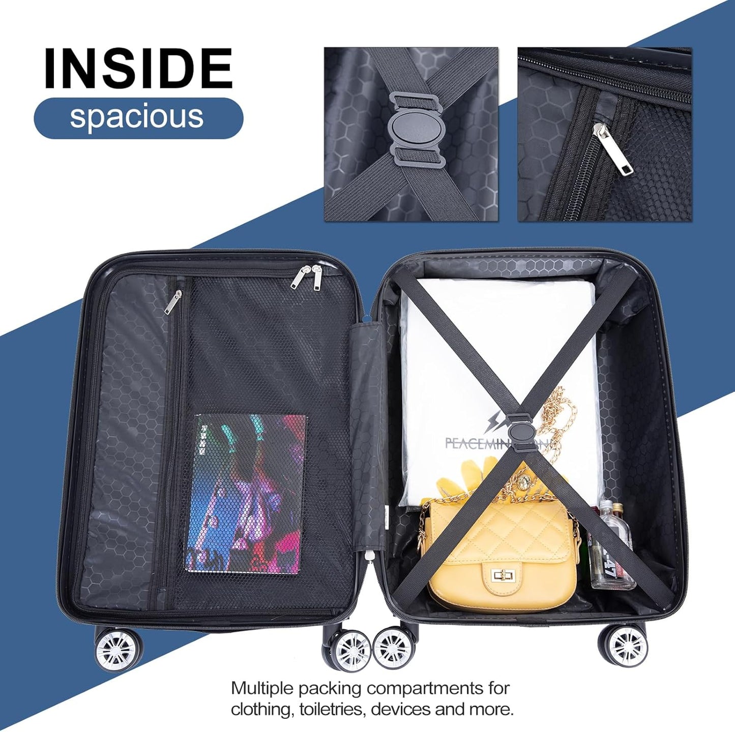 Luggage 4 Piece Set, Hardshell ABS Suitcase Set with Double Spinner Wheels, Lightweight Suitcase, Carry On and Checked Travel Luggage, Dark Blue