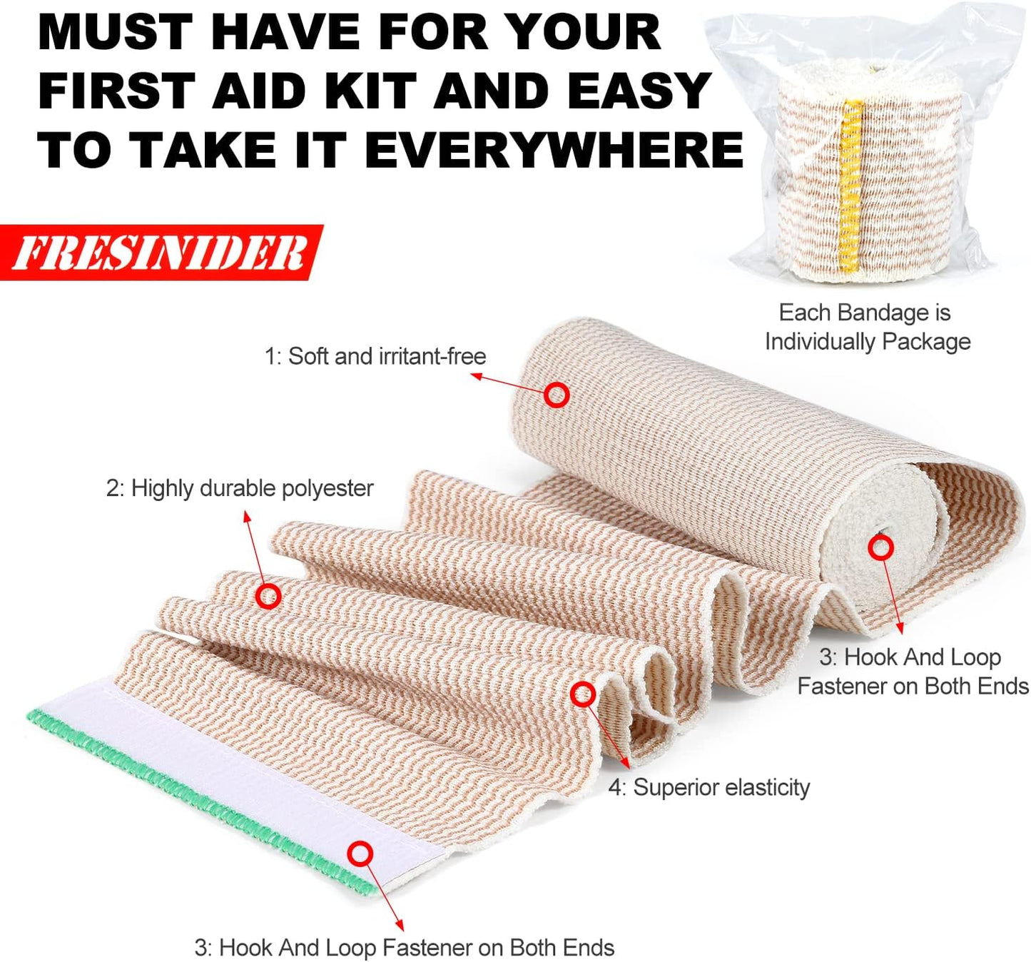 FRESINIDER Premium Elastic Bandage Wrap, 6 Pack (2x2, 2x4, 2x6) Cotton Compression Bandage with Touch Closure at Both Ends, Support & First Aid, Medical, and Injury Recovery
