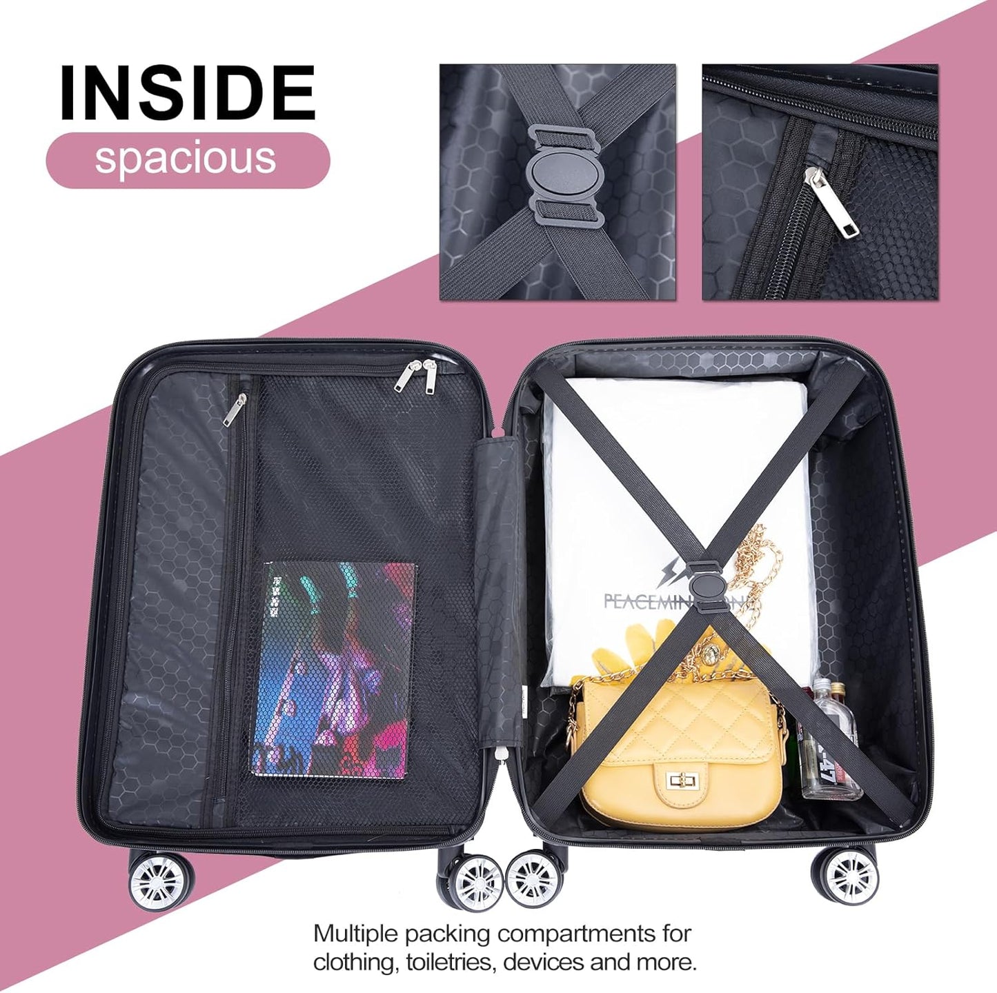 Luggage 4 Piece Set, Hardshell ABS Suitcase Set with Double Spinner Wheels, Lightweight Suitcase, Carry On and Checked Travel Luggage,Rose Pink