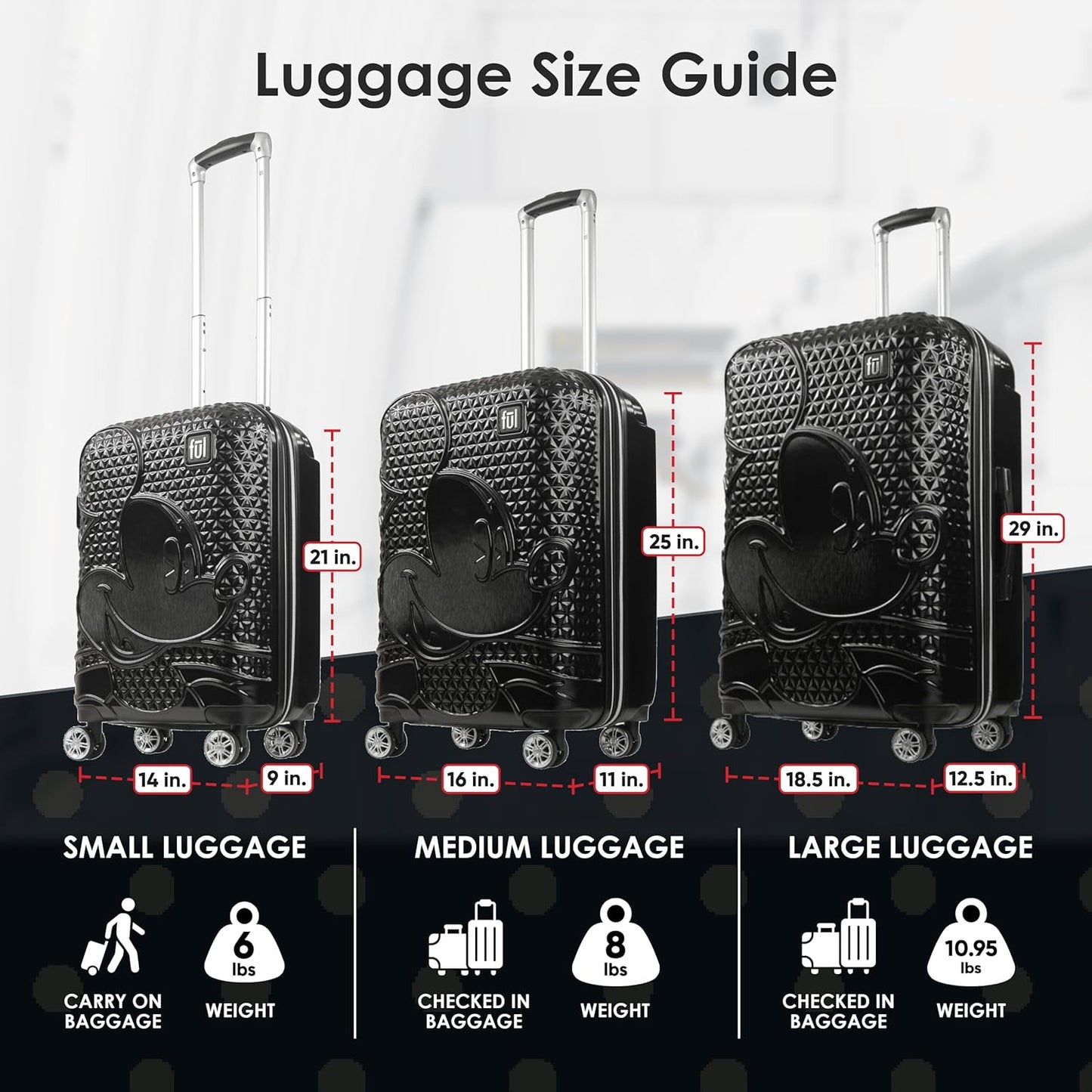 FUL Disney Mickey Mouse 21 Inch Carry On Luggage, Hardshell Rolling Suitcase with Spinner Wheels, Black