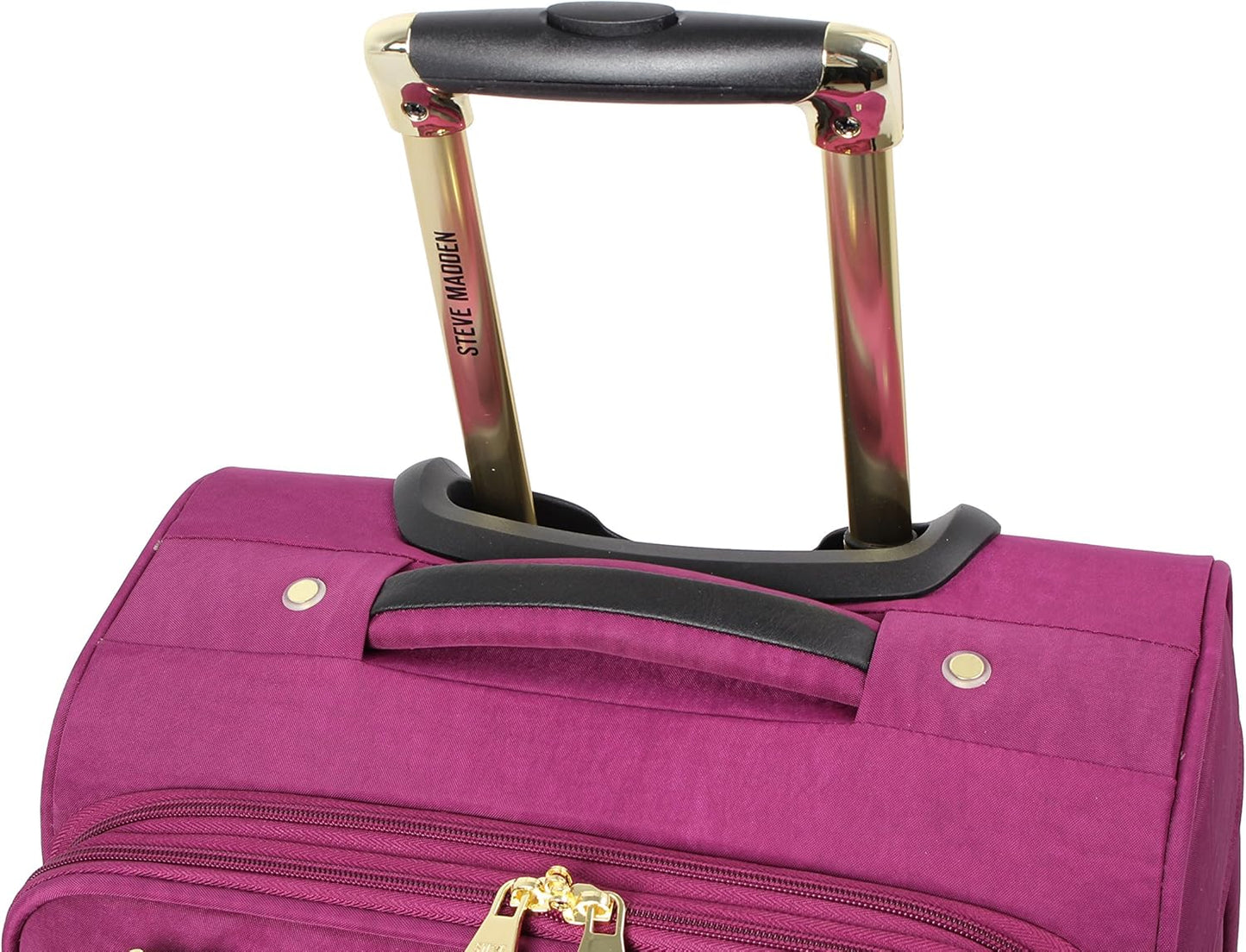 Steve Madden Designer-Gepckkollektion Leichter Softside-Koffer fr Damen und Herren strapazierfhige 50,8 cm groe Tragetasche mit 4 rollenden Spinner-Rdern, Peek-a-boo Purple, 20in, Carry on Bag With