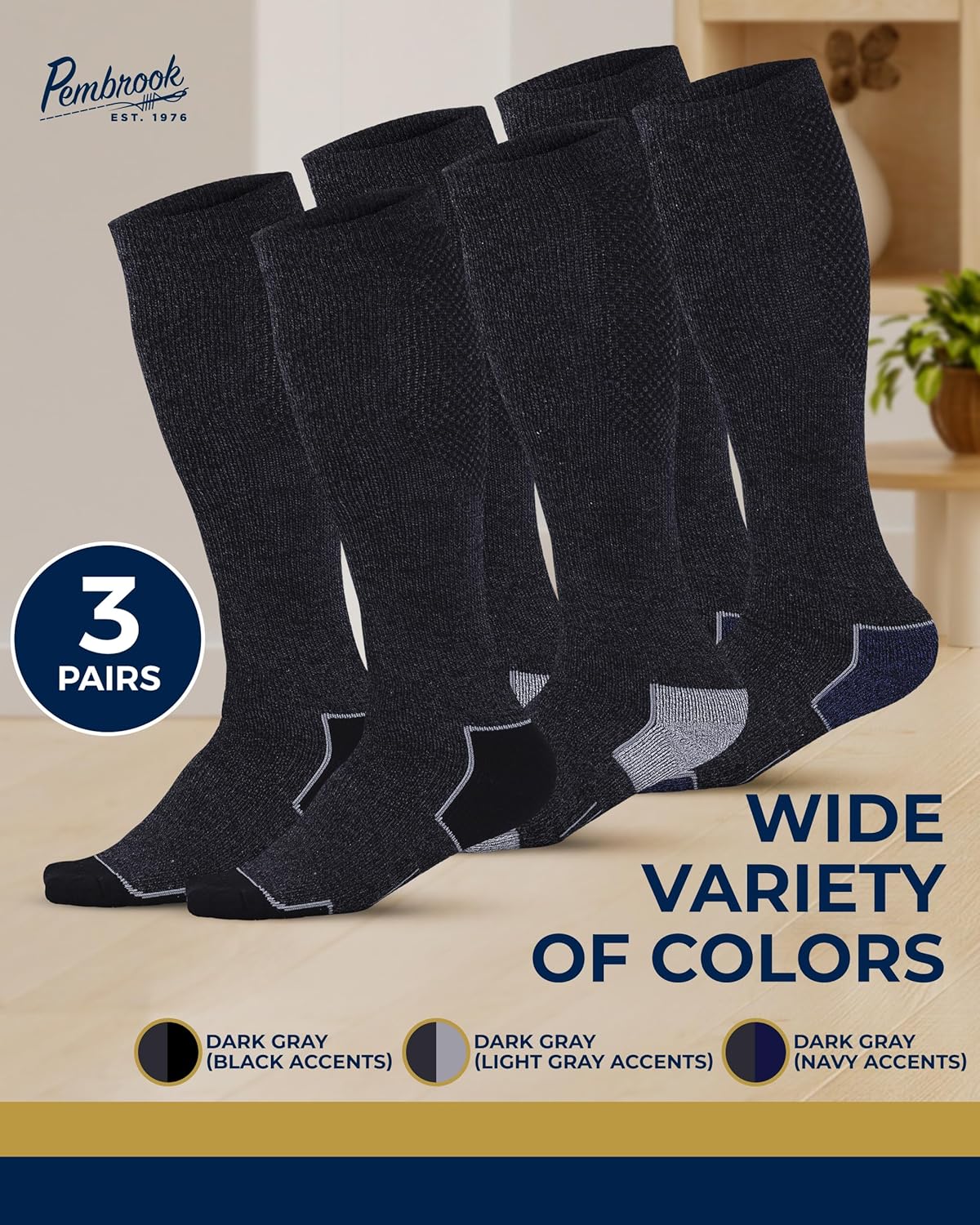 Pembrook Light Compression Socks for Men - 3 Pairs | 8-15 mmhg Compression Dress Socks for Men | Support Socks for Men