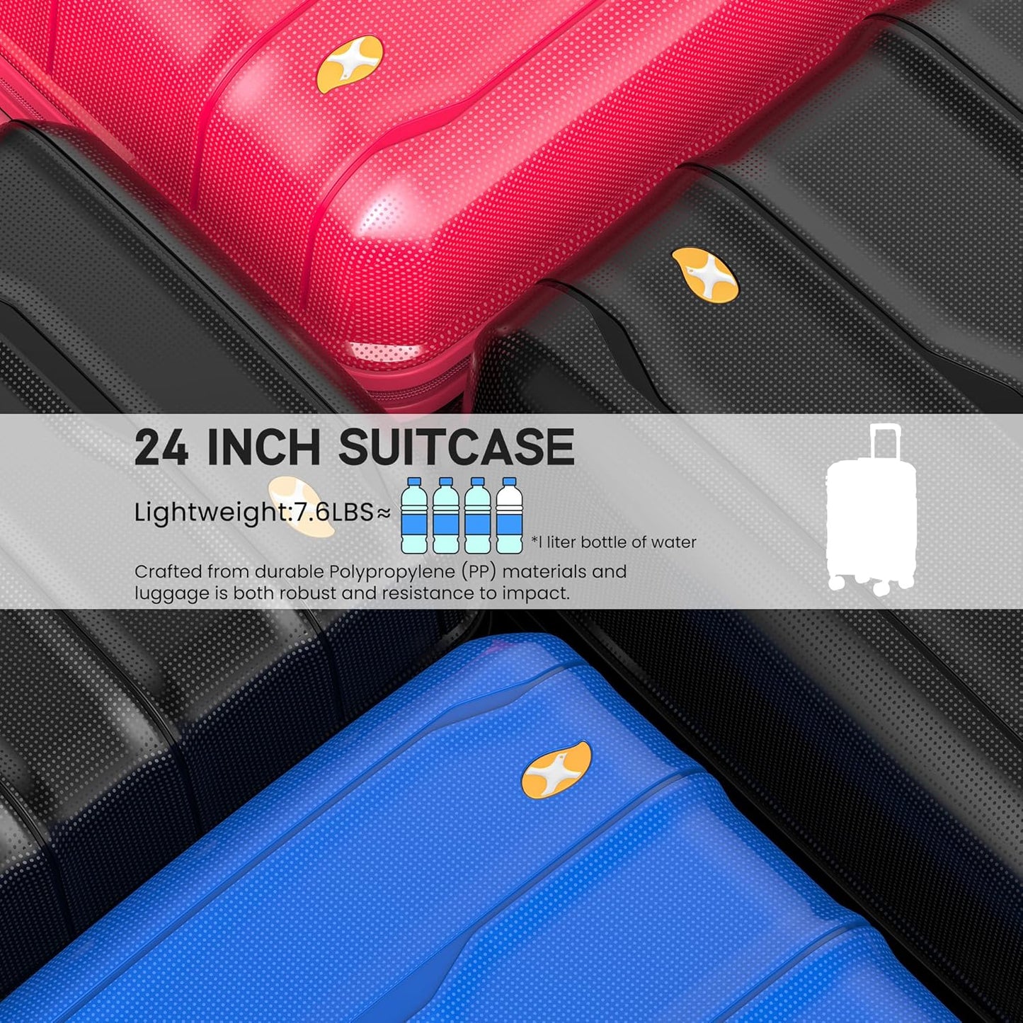 MGB Medium Checked In Luggage, PP Lightweight Hybrid Shell Suitcase with Spinner Wheels and TSA Lock, Medium Suitcase for Travel Women & Men, Natural Black