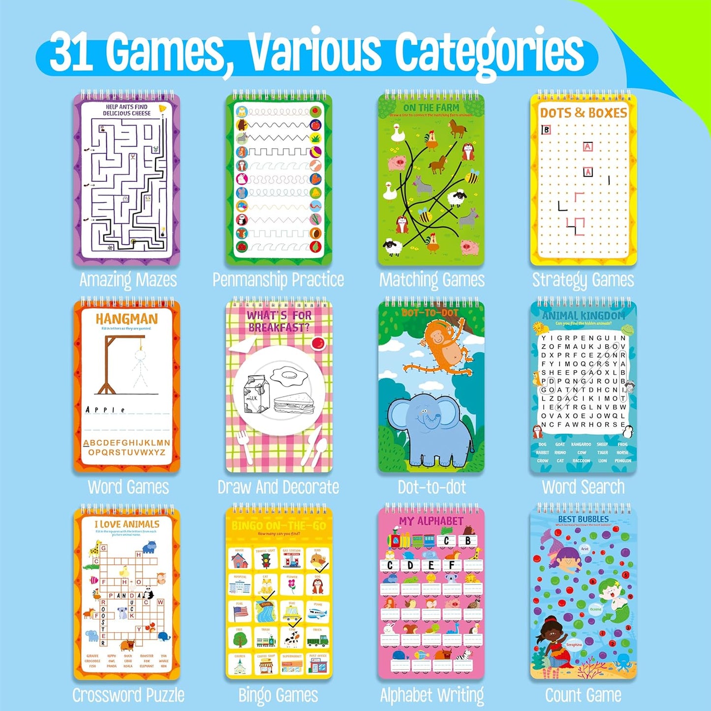 SpriteGru 31 Dry Erase Activities Book, Reusable & Erasable Game Pad, Explore and Find, Maze Matching TIC-TAC-Toe Dot to Dot Educational On The Go Toy and Learning Tool for Road Trip Airplane Travel