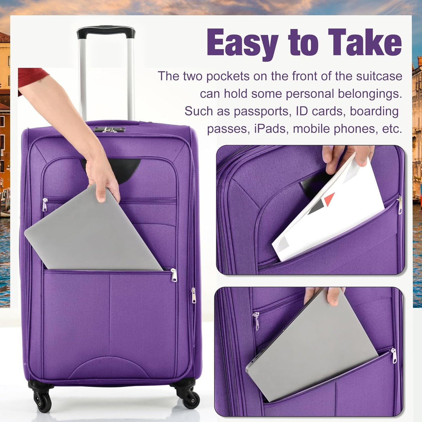 Merax Softside Luggage Set 3 Piece Suitcase with Duffel Bag Spinner Wheels Lightweight Expandable Travel Luggage 22" 26" 30",Purple