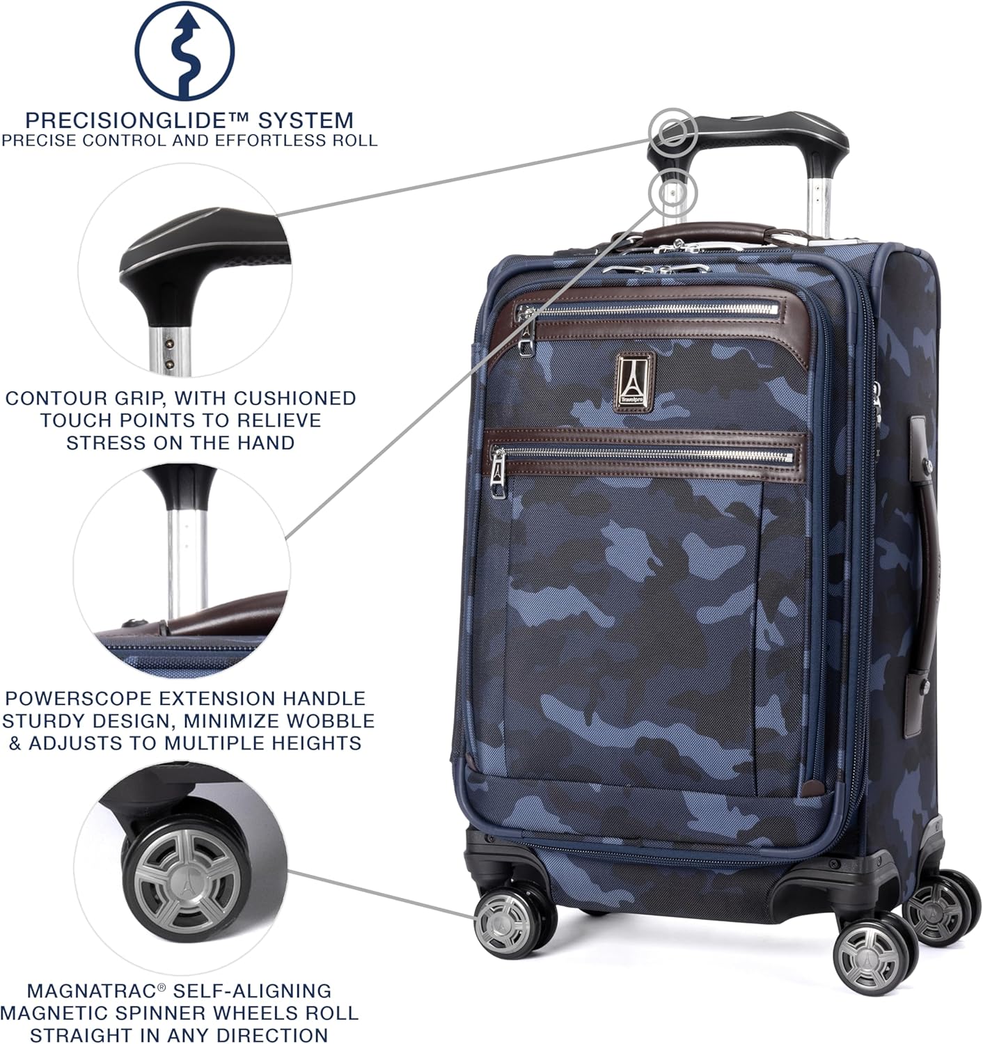 Travelpro Platinum Elite Softside Expandable Carry on Luggage, 8 Wheel Spinner Suitcase, USB Port, Suiter, Men and Women, Navy Camouflage, Carry On 21-Inch