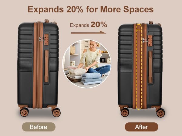 Romswi Expandable 20" Carry On Luggage,Hardshell Suitcase with Double Spinner Wheels for 20% More Space, Airline Approved Lightweight Hardside Luggage, Scratch-Resistant & YKK Zipper,Black