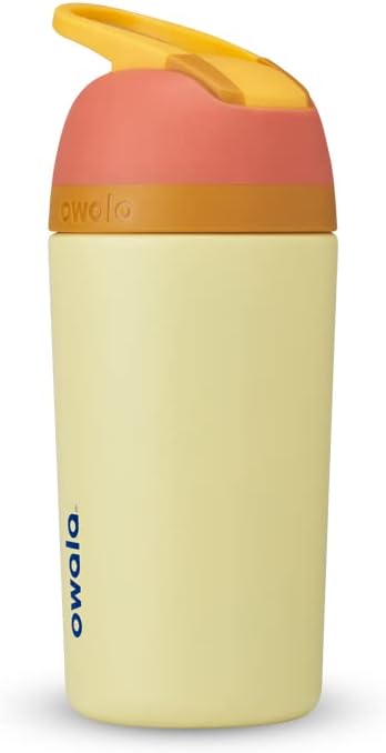 Owala Kids Flip Insulated Stainless-Steel Water Bottle with Straw and Locking Lid, 14-Ounce, Orange/Yellow (Misty Horizon)