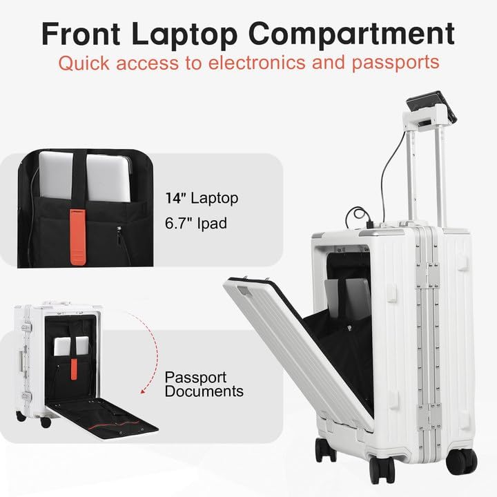 Carry On Luggage 22x14x9 Airline Approved Aluminum Frame, 20 Inch Hard Shell Carry On Luggage, Suitcase Carry-on Zipperless Luggage, TSA Approved (White)