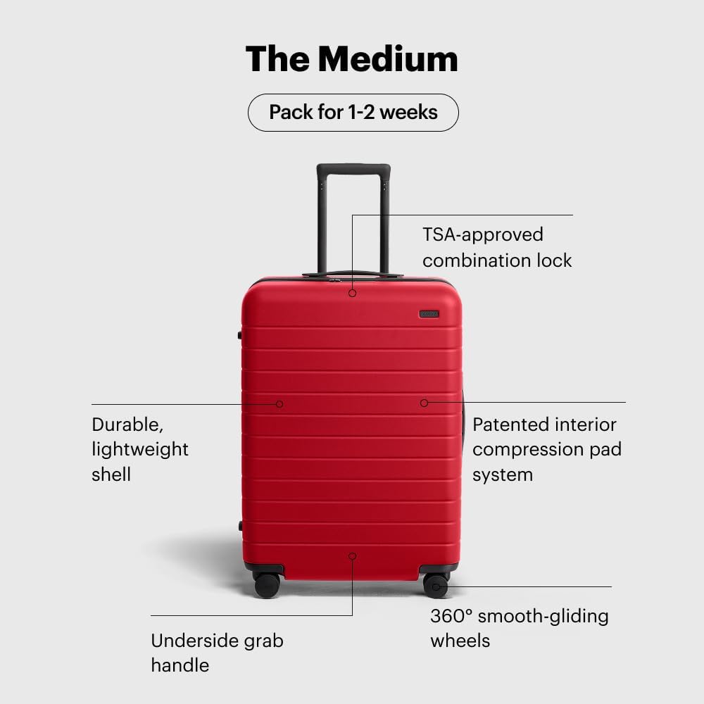 Away Medium Checked Luggage, Lightweight Hard Shell Suitcase with Spinner Wheels, Durable Rolling Luggage, TSA Lock, 26 Inch, Cherry Red