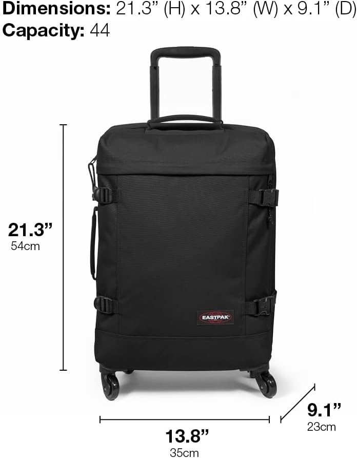 EASTPAK Trans4 S – 44L Large Wheeled Luggage with Dual Compartments, TSA Lock, 360° Spinner Wheels, and Diamond-Embossed Handle, Black Denim