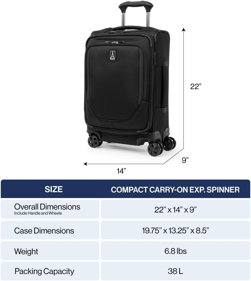 Travelpro Crew Classic Lightweight Softside Expandable Carry on Luggage, 8 Wheel Spinner Suitcase, Men and Women, Compact Carry On 20-Inch, Black