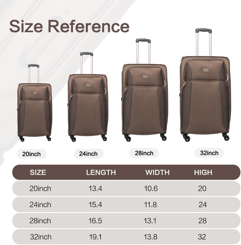 Lispin Luggage Set Softshell Expandable 4 Piece Suitcase with Wheels Softside Lightweight Travel Carry on Luggage (Brown + Polyester)