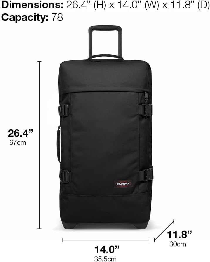 EASTPAK Tranverz M – 78L Large Wheeled Luggage with Dual Compartments, TSA Lock, Compression Straps & Smooth-Wheeling System, Black