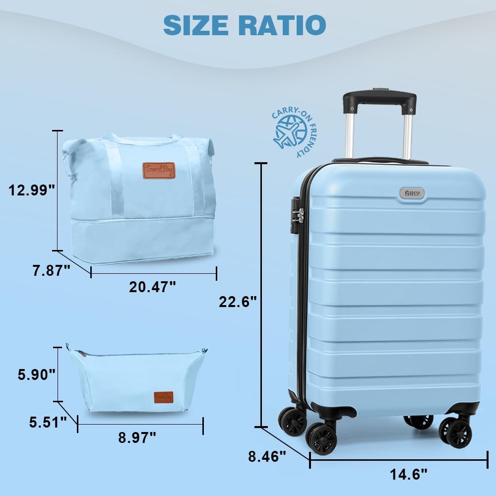 AnyZip Luggage Set 20 Inch Carry on Luggage PC ABS Hardshell Lightweight Suitcases for Travelling with 4 Universal Wheels TSA Lock Light Blue