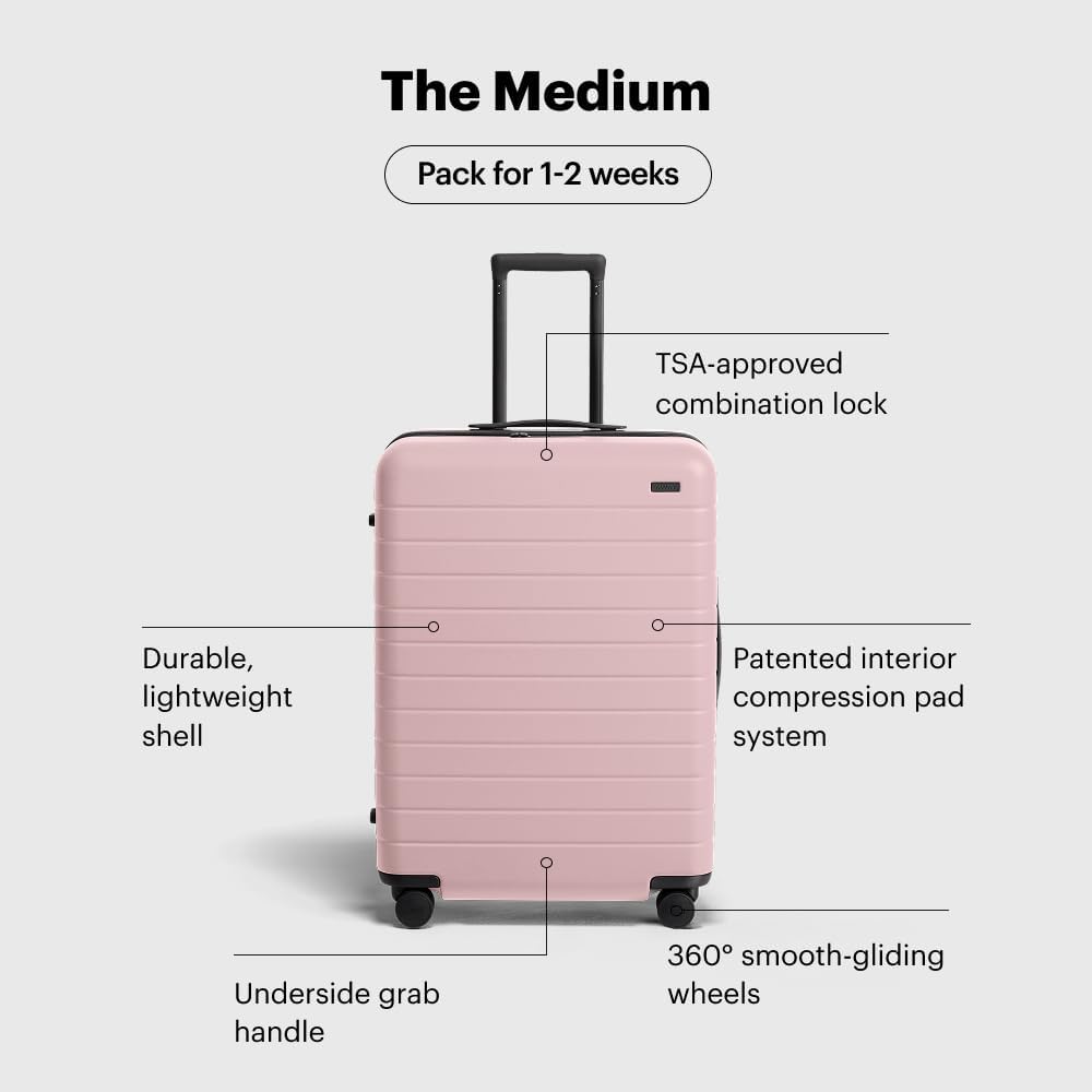 Away Medium Checked Luggage, Lightweight Hard Shell Suitcase with Spinner Wheels, Durable Rolling Luggage, TSA Lock, 26 Inch, Blush Pink