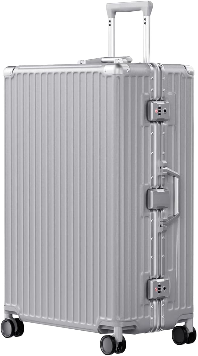 AnyZip Luggage PC+ABS Aluminum Frame Zipperless Checked Luggage Hard Shell Suitcase with TSA Lock Double Spinner Wheels 28 Inch Silver