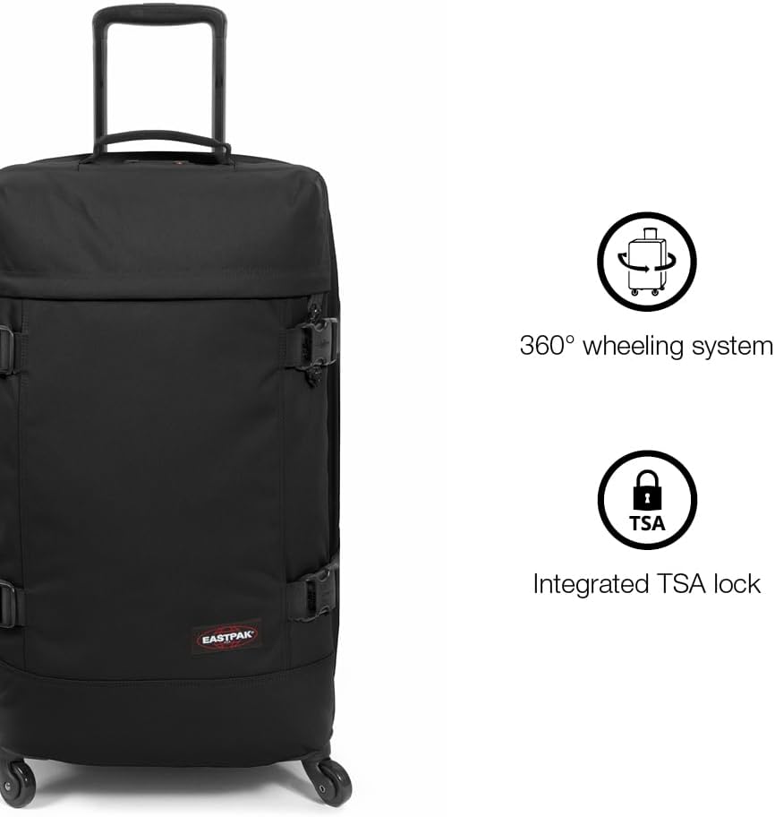 EASTPAK Trans4 M – 68L Large Wheeled Luggage with Dual Compartments, TSA Lock, 360° Spinner Wheels, and Diamond-Embossed Handle, Black Denim