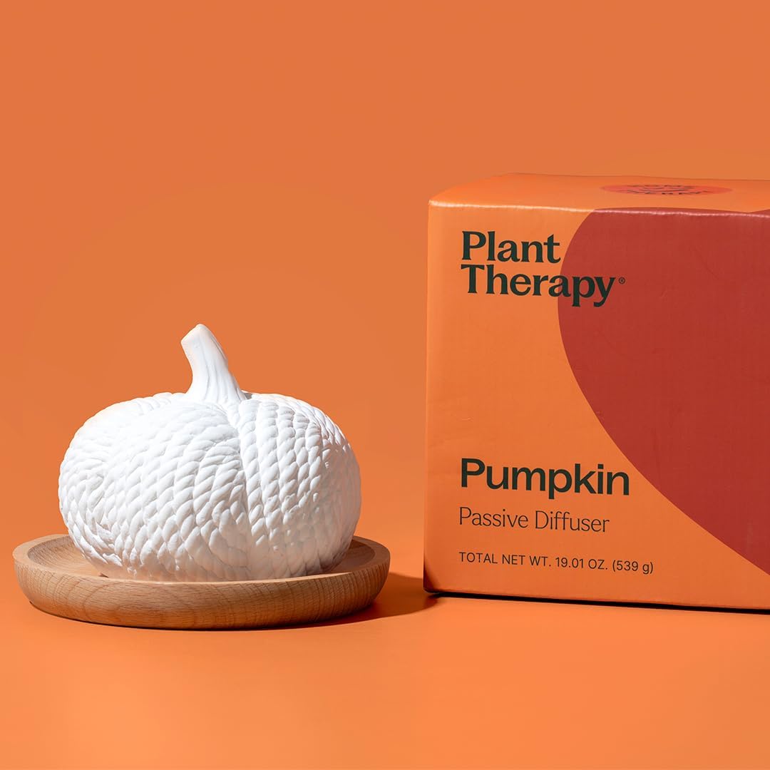 Plant Therapy Pumpkin Passive Diffuser for Fall, Porous, Unglazed Pumpkin & Natural Beech Wood Base, Add Essential Oils for a Soft Scent, Fun & Cheerful Holiday Décor
