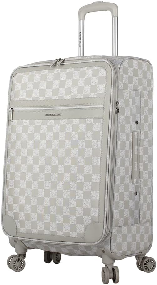 Steve Madden Designer Luggage Collection - Lightweight 24 Inch Expandable Softside Suitcase - Mid-size Rolling 4-Spinner Wheels Checked Bag (Chalet Light Grey, 24in)