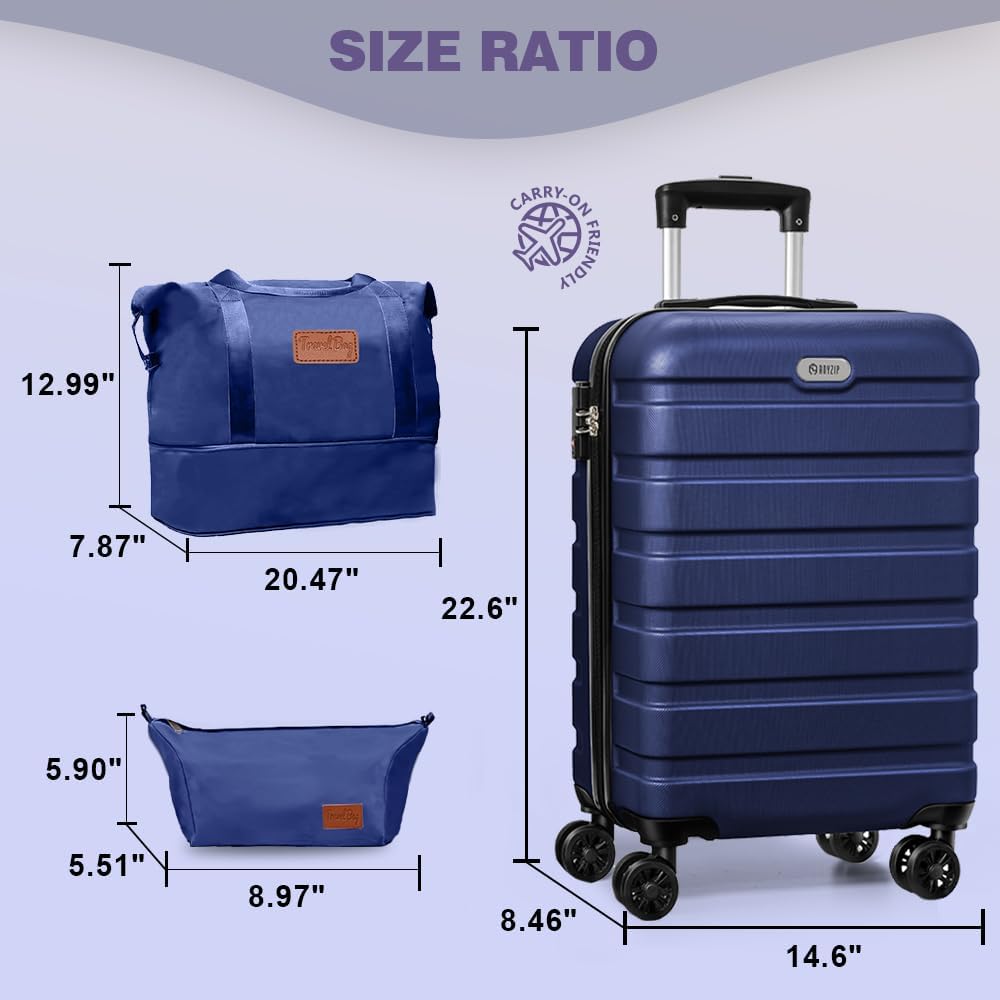 AnyZip Luggage Set 20 Inch Carry on Luggage PC ABS Hardshell Lightweight Suitcases for Travelling with 4 Universal Wheels TSA Lock Dark Blue