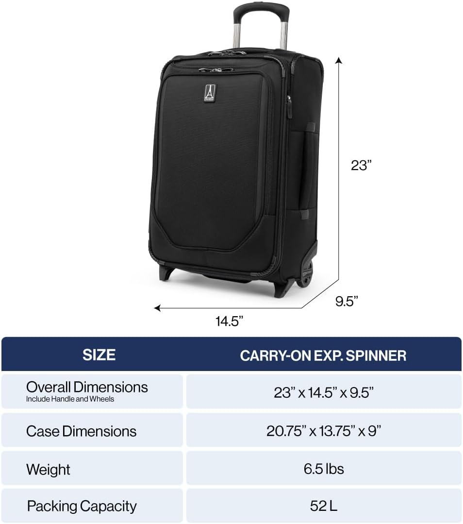 Travelpro Crew Classic Lightweight Softside Expandable Carry on Luggage, 2 Wheel Upright Rollaboard Suitcase, Men and Women, Carry On 22-Inch, Black