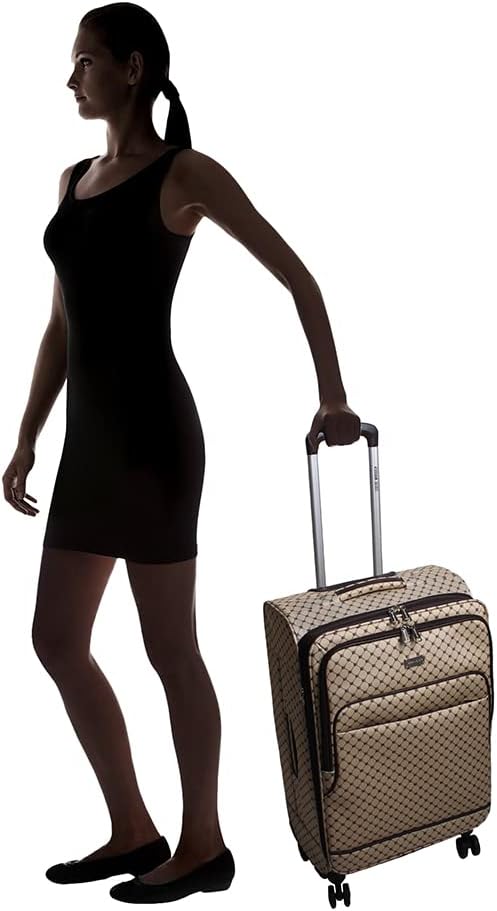 Steve Madden Designer Luggage Collection - Lightweight 24 Inch Expandable Softside Suitcase - Mid-size Rolling 4-Spinner Wheels Checked Bag (Noble Brown/Tan, 24in)