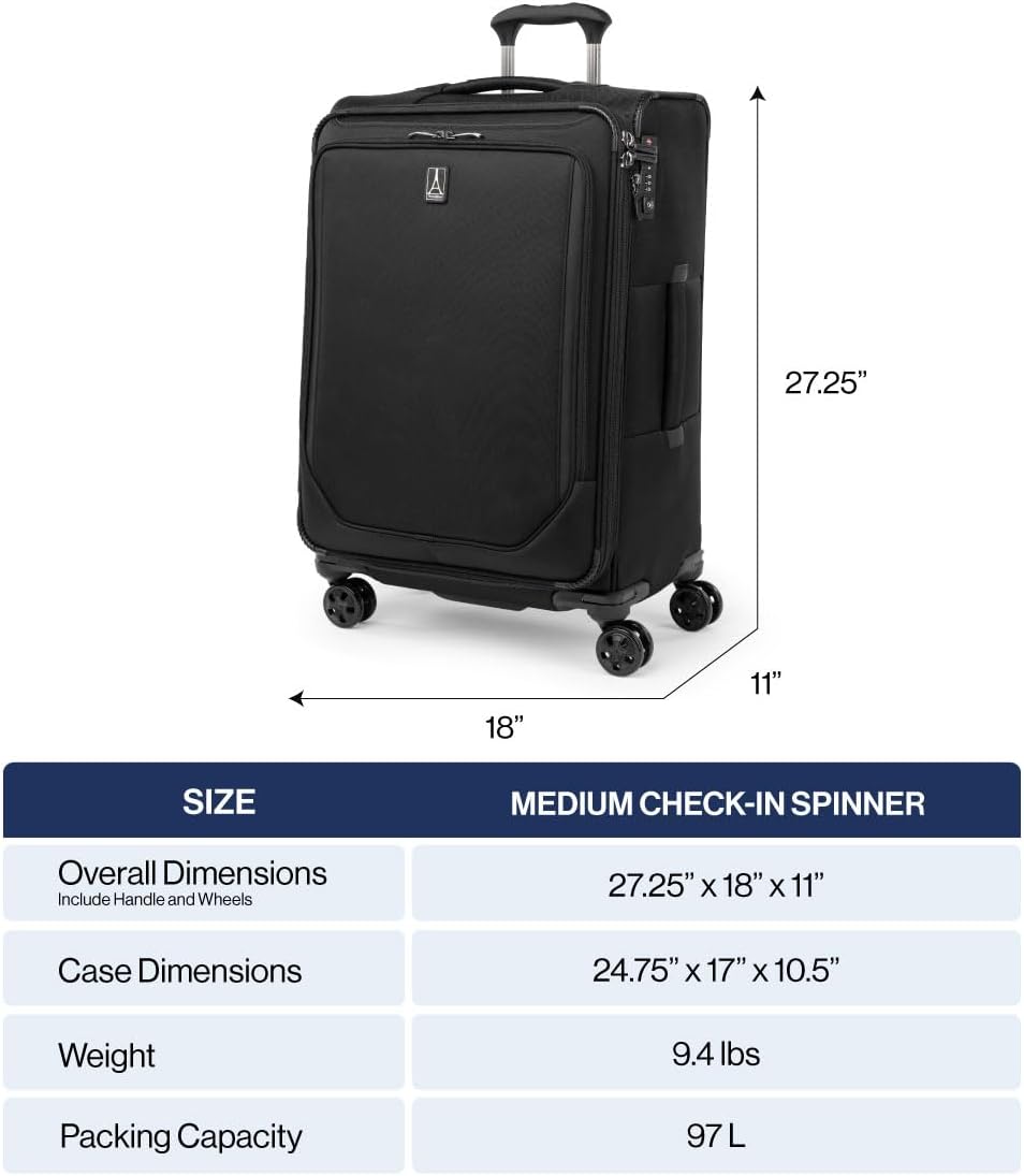 Travelpro Crew Classic Lightweight Softside Expandable Checked Luggage, 8 Wheel Spinner Suitcase, TSA Lock, Men and Women, Checked Medium 25-Inch, Titanium Grey