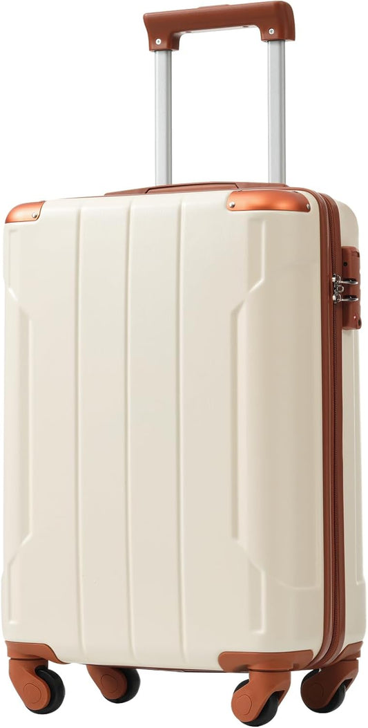 20in Carry On Luggage Hardshell Suitcase with Spinner Wheels Lightweight Lugagge Design Waterproof Durable for Travel, White Luggage (White + Brown)