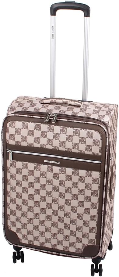 Steve Madden Designer Luggage Collection - Lightweight 24 Inch Expandable Softside Suitcase - Mid-size Rolling 4-Spinner Wheels Checked Bag (Chalet Brown, 24in)