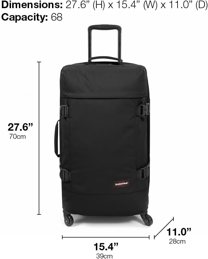 EASTPAK Trans4 M – 68L Large Wheeled Luggage with Dual Compartments, TSA Lock, 360° Spinner Wheels, and Diamond-Embossed Handle, Black