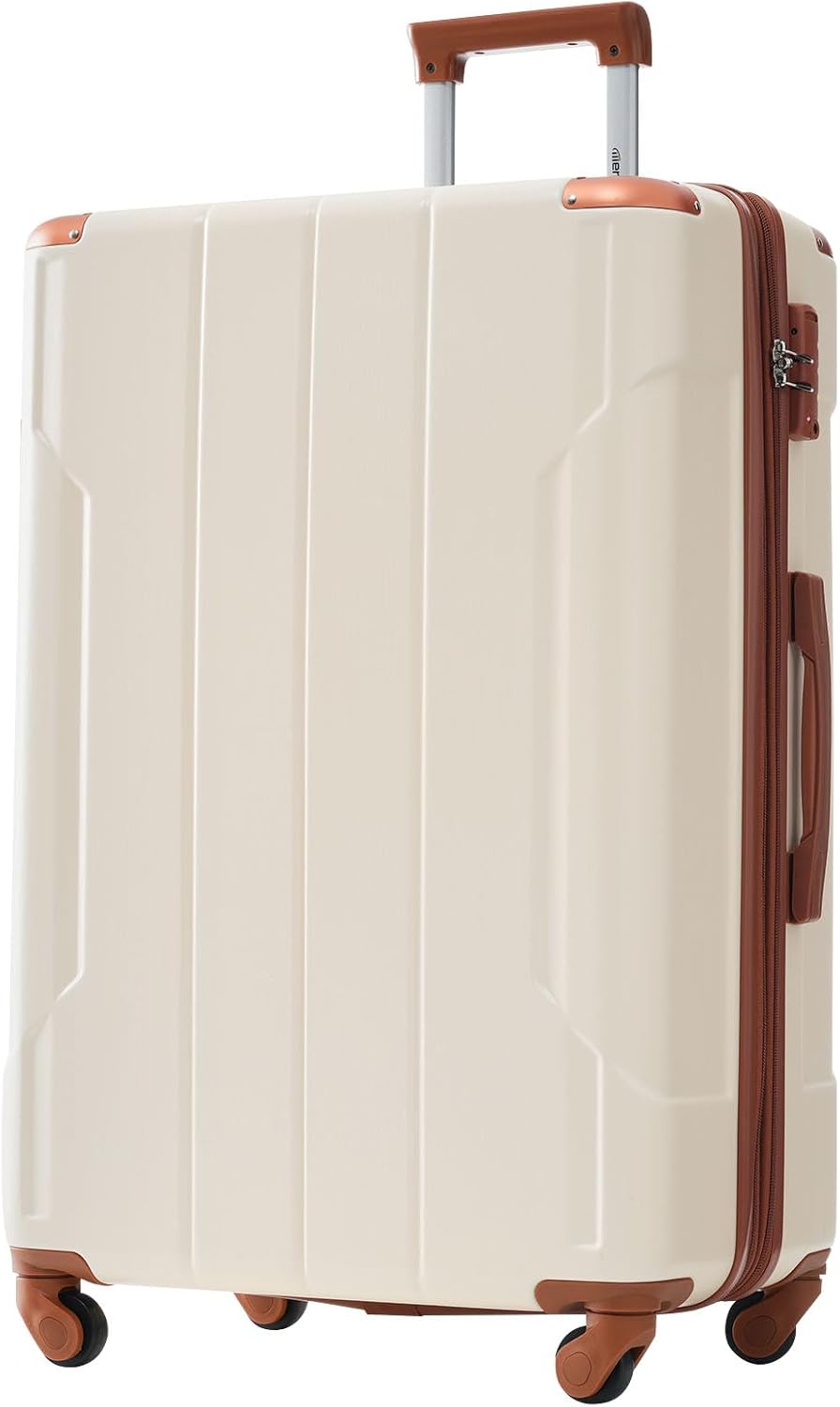 Merax 28 Inch Checked-Large Luggage with Wheels Aluminum Alloy Corner Hard Shell Suitcase TSA Luggage Suitcases for Travel Woman Men(White Brown)