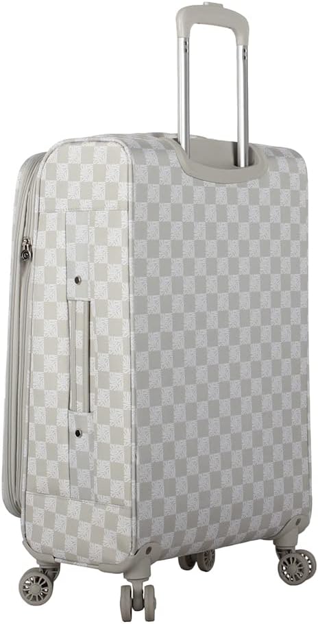 Steve Madden Designer Luggage Collection - Lightweight 24 Inch Expandable Softside Suitcase - Mid-size Rolling 4-Spinner Wheels Checked Bag (Chalet Light Grey, 24in)