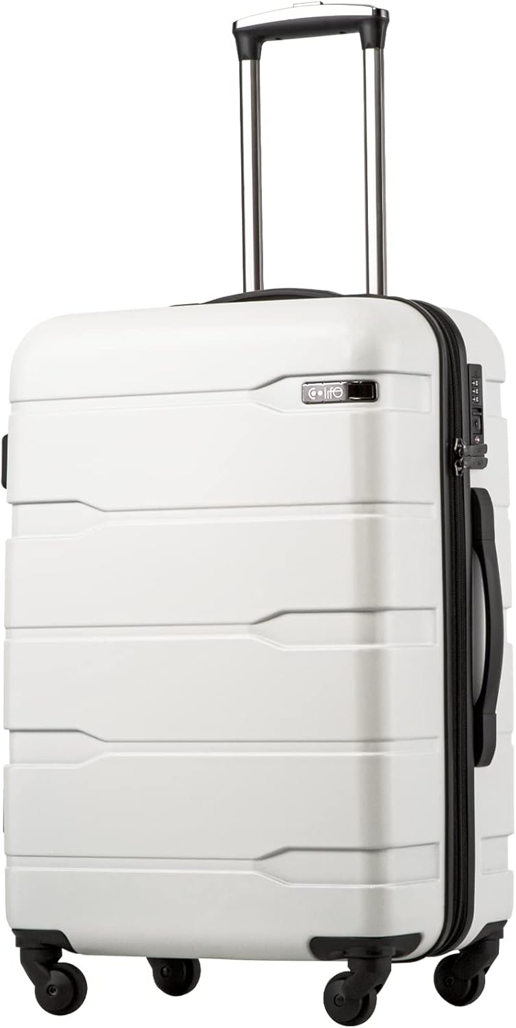 Coolife Luggage PC+ABS Expandable Hardshell Suitcase with TSA Lock, Spinner Checked Lightweight (White, 28in)