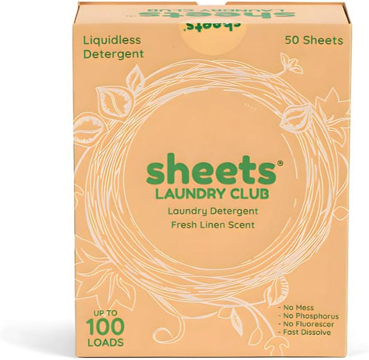Sheets Laundry Club - Liquidless Laundry Detergent Sheets, 100 Loads - Fresh Linen Scent, Eco-Friendly, Quick-Dissolving Formula, Hypoallergenic, Septic Safe, Plastic-Free Packaging - 50 Sheets
