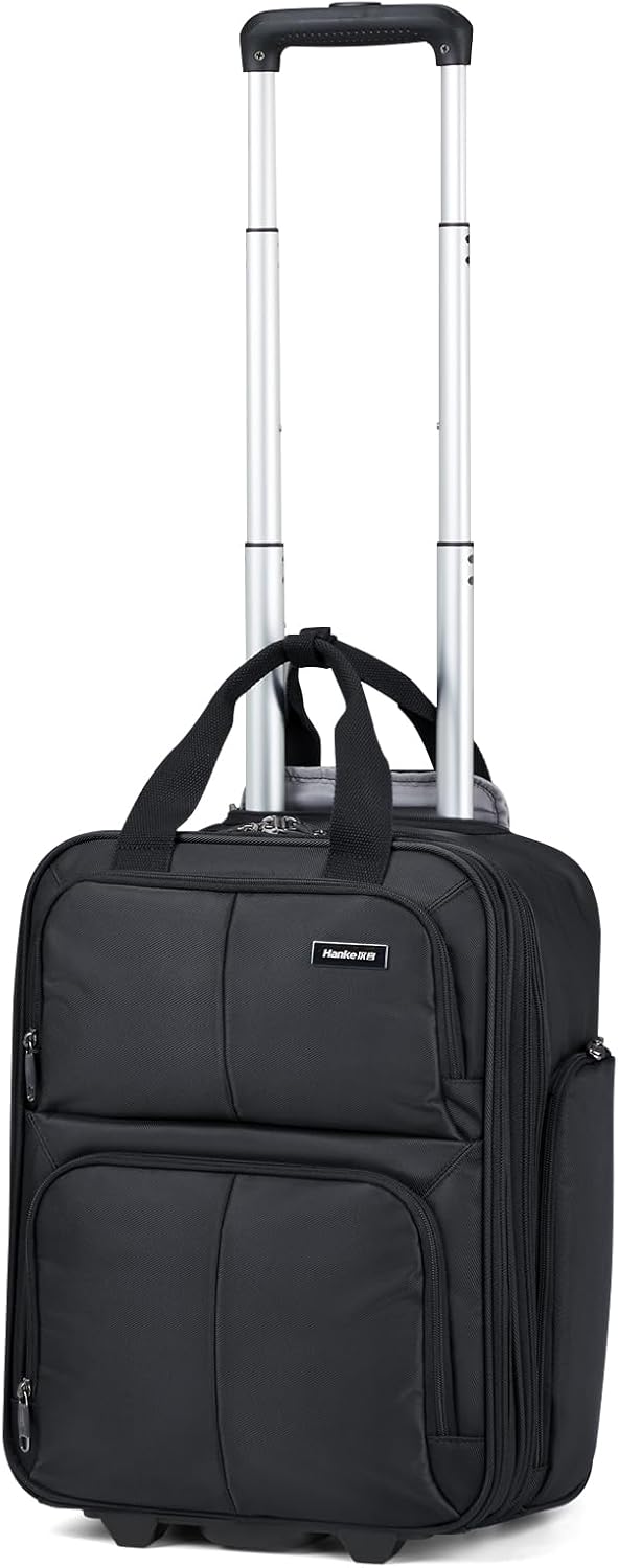Hanke Softside Expandable Underseat Carry On Luggage for Airplanes,Travel Luggage Rolling Bag Personal Item Bag Small Suitcase,Black,16-Inch