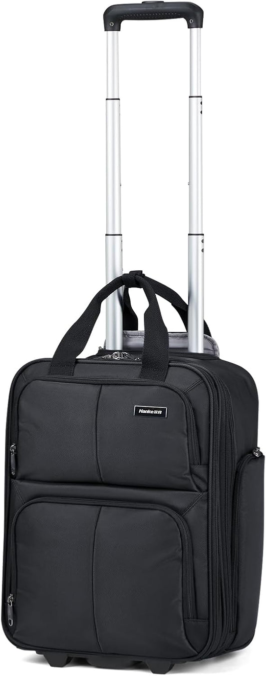 Hanke Softside Expandable Underseat Carry On Luggage for Airplanes,Travel Luggage Rolling Bag Personal Item Bag Small Suitcase,Black,16-Inch