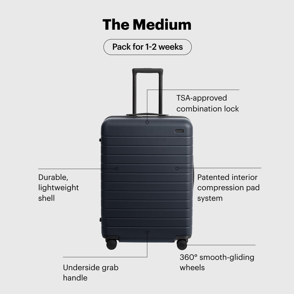 Away Medium Checked Luggage, Lightweight Hard Shell Suitcase with Spinner Wheels, Durable Rolling Luggage, TSA Lock, 26 Inch, Navy Blue
