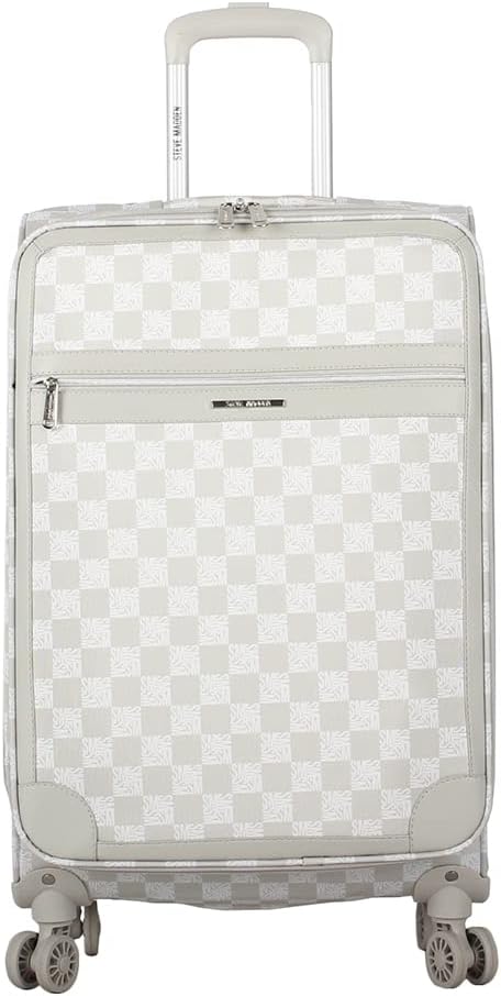 Steve Madden Designer Luggage Collection - Lightweight 24 Inch Expandable Softside Suitcase - Mid-size Rolling 4-Spinner Wheels Checked Bag (Chalet Light Grey, 24in)