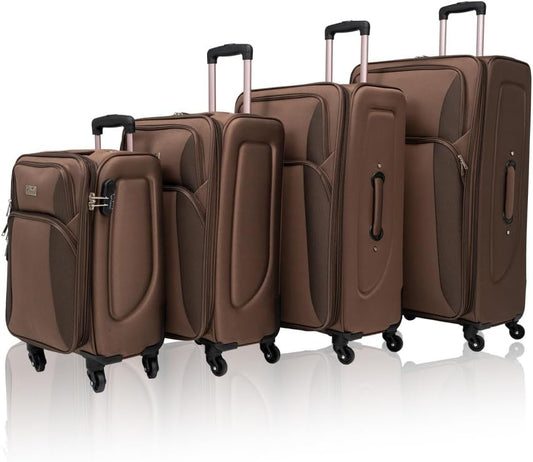 Lispin Luggage Set Softshell Expandable 4 Piece Suitcase with Wheels Softside Lightweight Travel Carry on Luggage (Brown + Polyester)