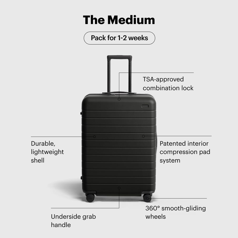 Away Medium Checked Luggage, Lightweight Hard Shell Suitcase with Spinner Wheels, Durable Rolling Luggage, TSA Lock, 26 Inch, Jet Black
