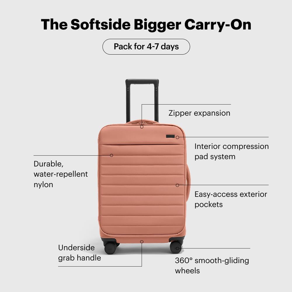 Away Softside Bigger Carry-On Suitcase, 23 Inch Lightweight, Expandable High-Strength Nylon Luggage With Spinner Wheels, Meets Requirements for Most Major Airlines, Clay Pink