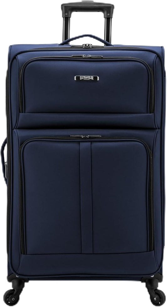 U.S. Traveler Anzio Softside Sturdy Ballistic Nylon Expandable Travel Suitcase Luggage with 4 Spinner Wheels, Navy, Checked-Large 30-Inch