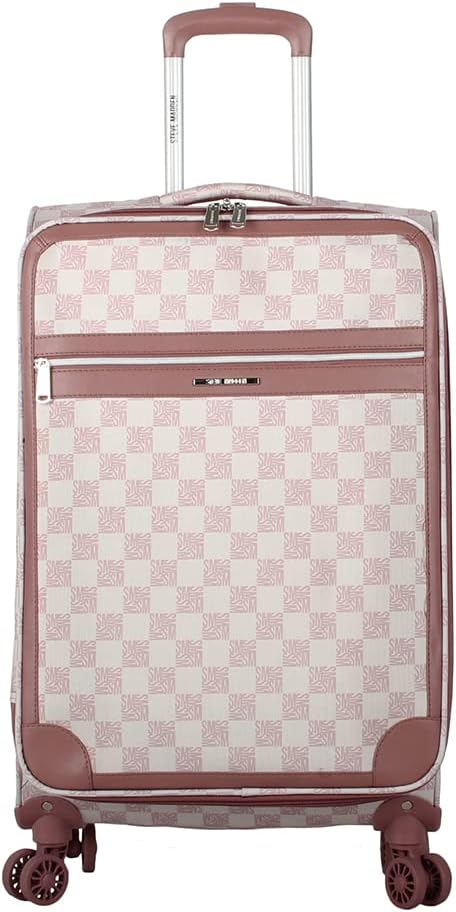 Steve Madden Designer Luggage Collection - Lightweight 24 Inch Expandable Softside Suitcase - Mid-size Rolling 4-Spinner Wheels Checked Bag (Chalet Pink, 24in)
