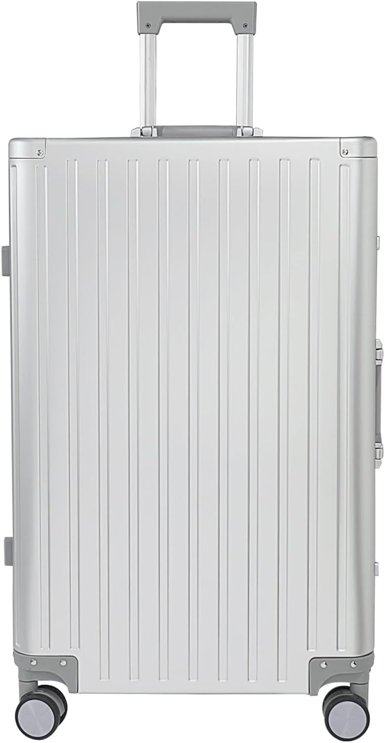 28-inch Aluminum Checked Suitcase: Silver - Full Metal Shell - Crush-Resistant & Burst-Proof, TSA Lock & Spinner Wheels for Business Travel - Men Women