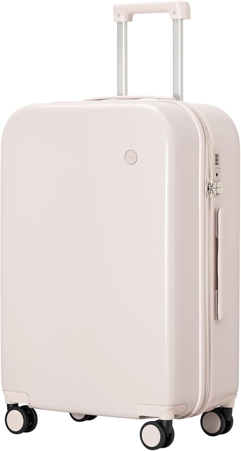 mixi Luggage Suitcase with Spinner Wheels, Hardside Rolling Suitcase PC with Cover & TSA Lock Lightweight Travel Case 24in Checked in, Off White（Slight Pink）