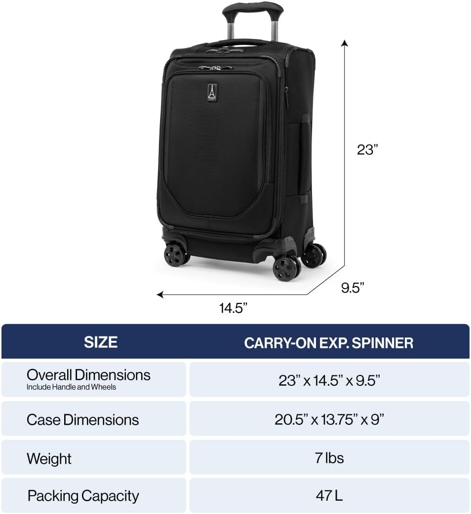 Travelpro Crew Classic Lightweight Softside Expandable Carry on Luggage, 8 Wheel Spinner Suitcase, Men and Women, Carry On 21-Inch, Black