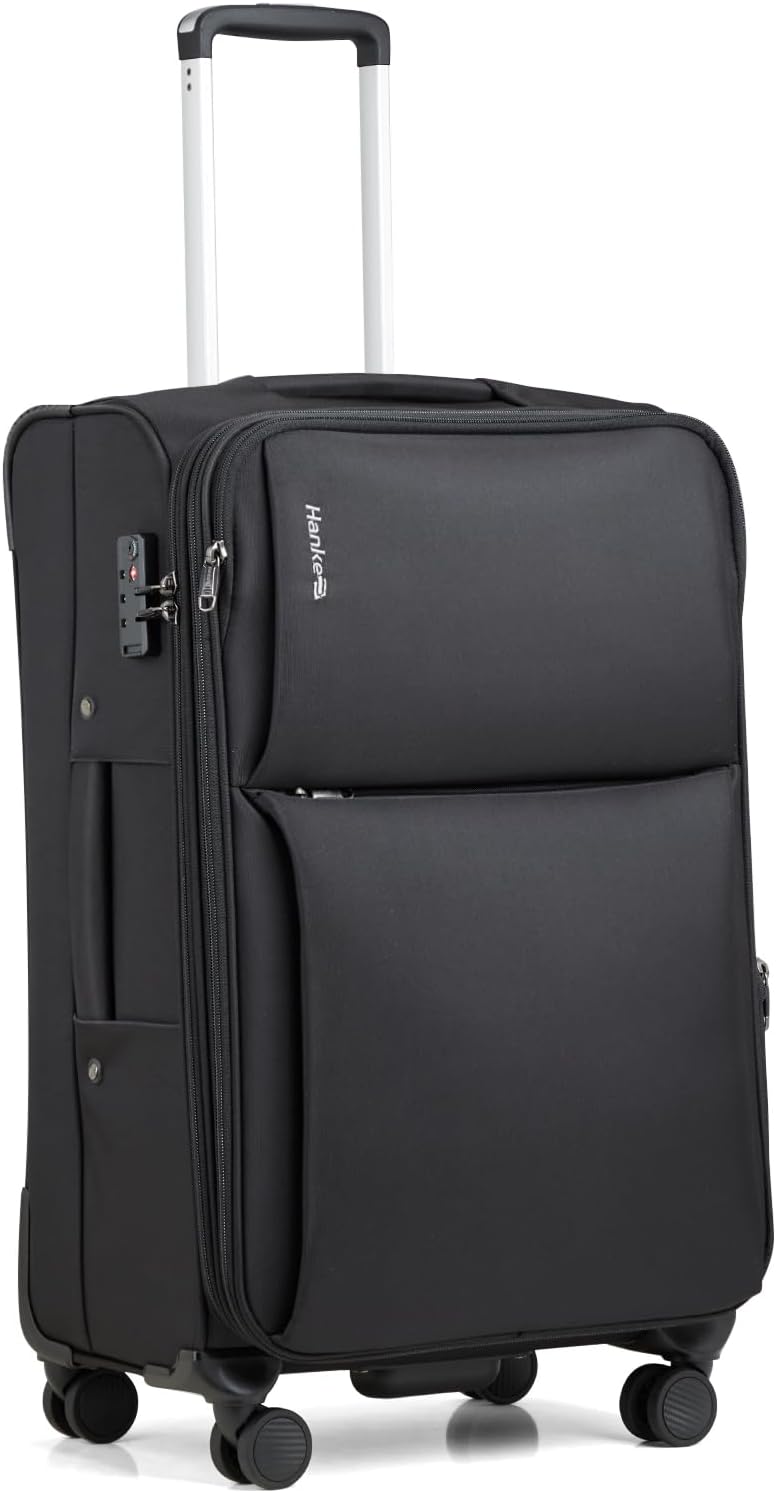 Hanke 24 Inch Luggage Expandable Softside Checked Suitcases with Spinner Wheels, Upright Rolling Luggage Suitcases Travel TSA Luggage Bag for Women Men(Black)